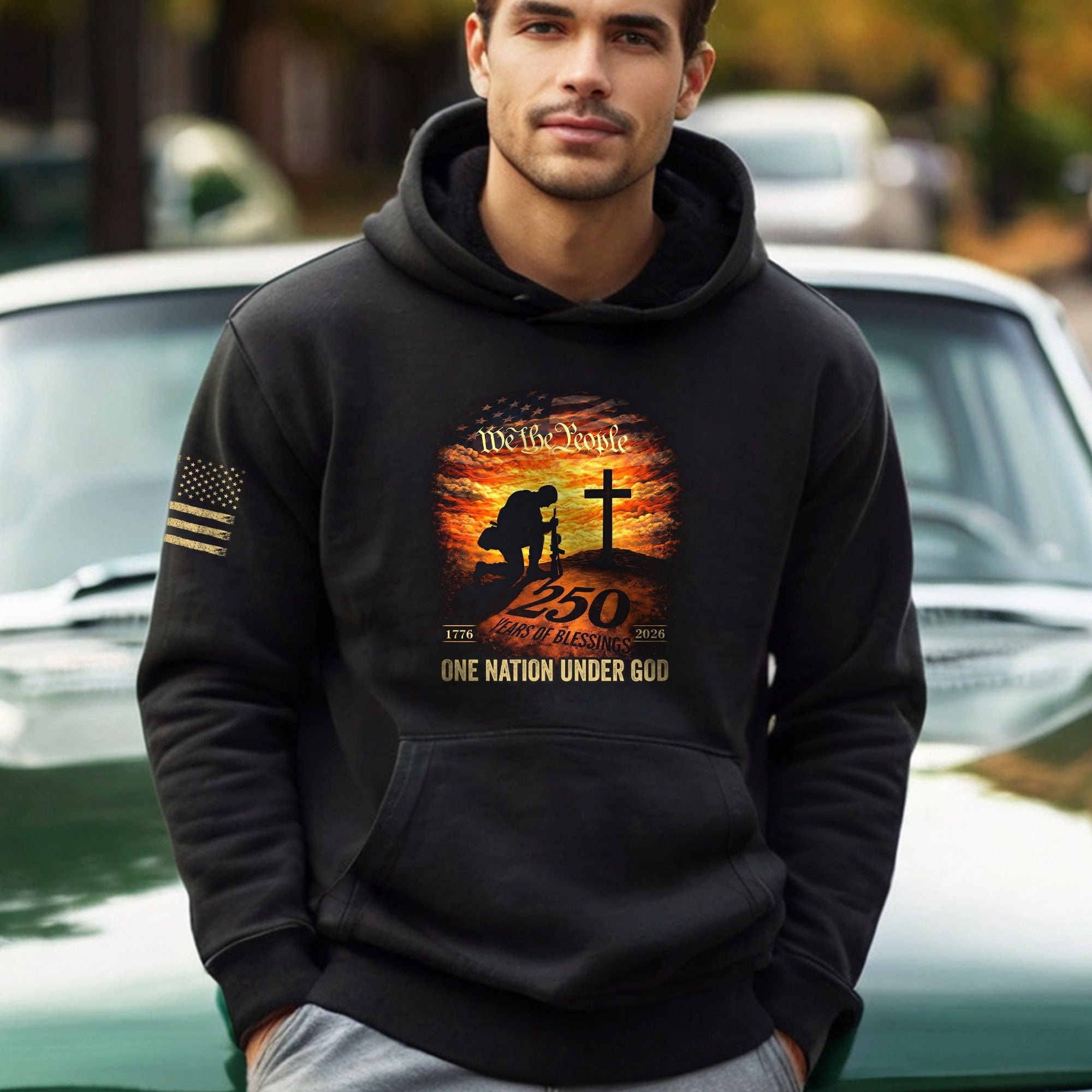 USA 250th Anniversary Hoodie 1776-2026 One Nation Under God Kneeling Soldier Cross