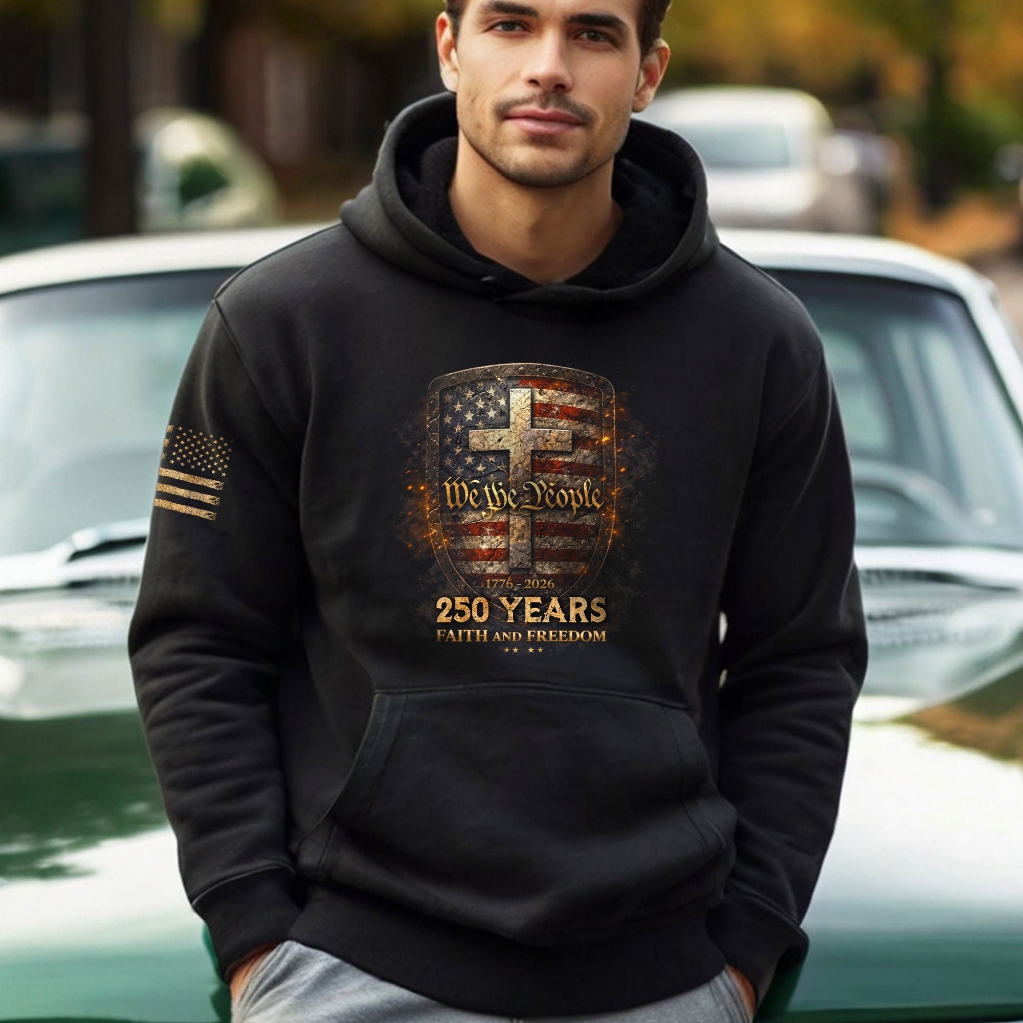 America 250th Anniversary Hoodie 1776-2026 We The People Faith Freedom Cross Shield