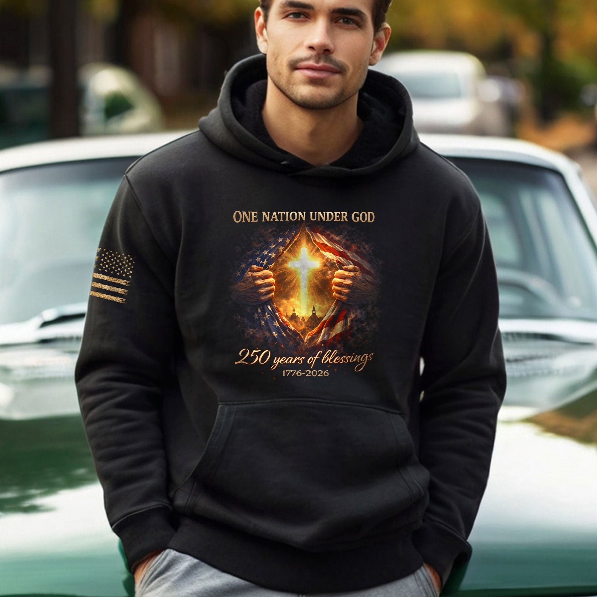 USA 250th Anniversary Semiquincentennial Hoodie 1776-2026 Jesus American Flag Christian Patriotic