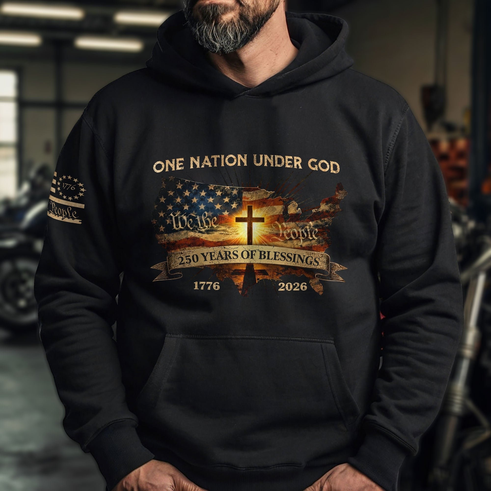 America 250th Anniversary Hoodie 1776-2026 USA Map Christian Cross One Nation Under God