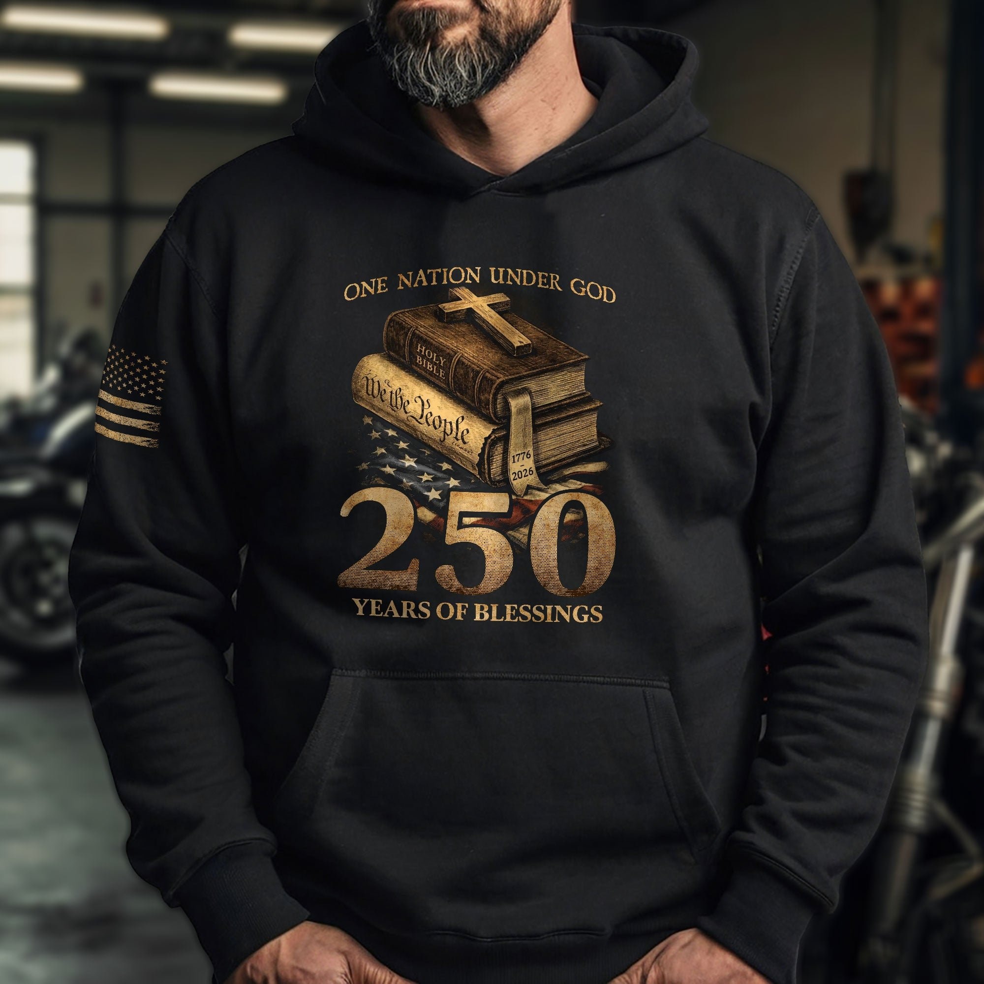 USA 250th Anniversary Patriotic Hoodie 1776-2026 One Nation Under God Bible Eagle