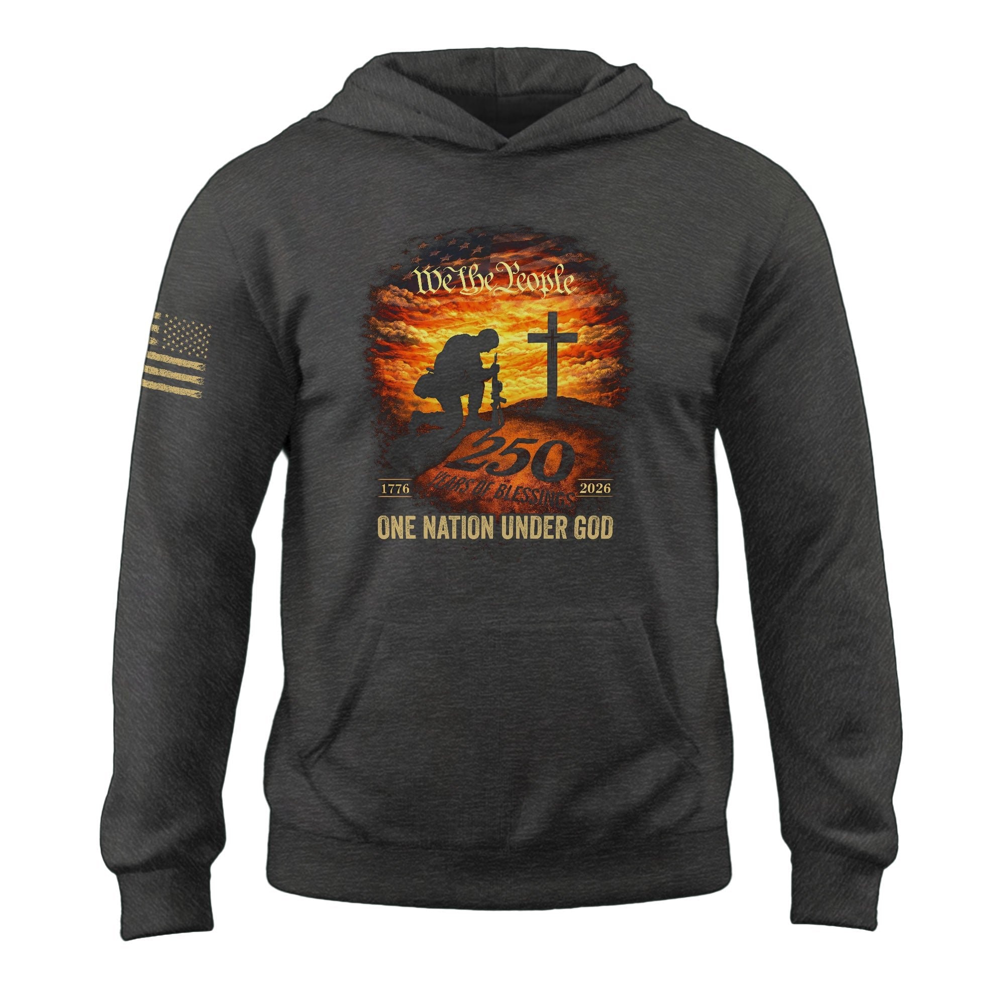 USA 250th Anniversary Hoodie 1776-2026 One Nation Under God Kneeling Soldier Cross