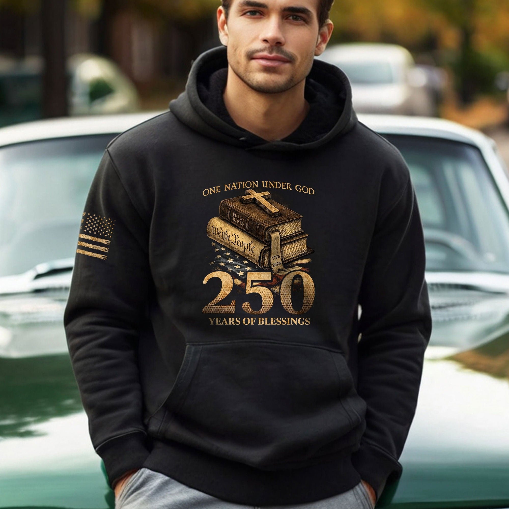USA 250th Anniversary Patriotic Hoodie 1776-2026 One Nation Under God Bible Eagle