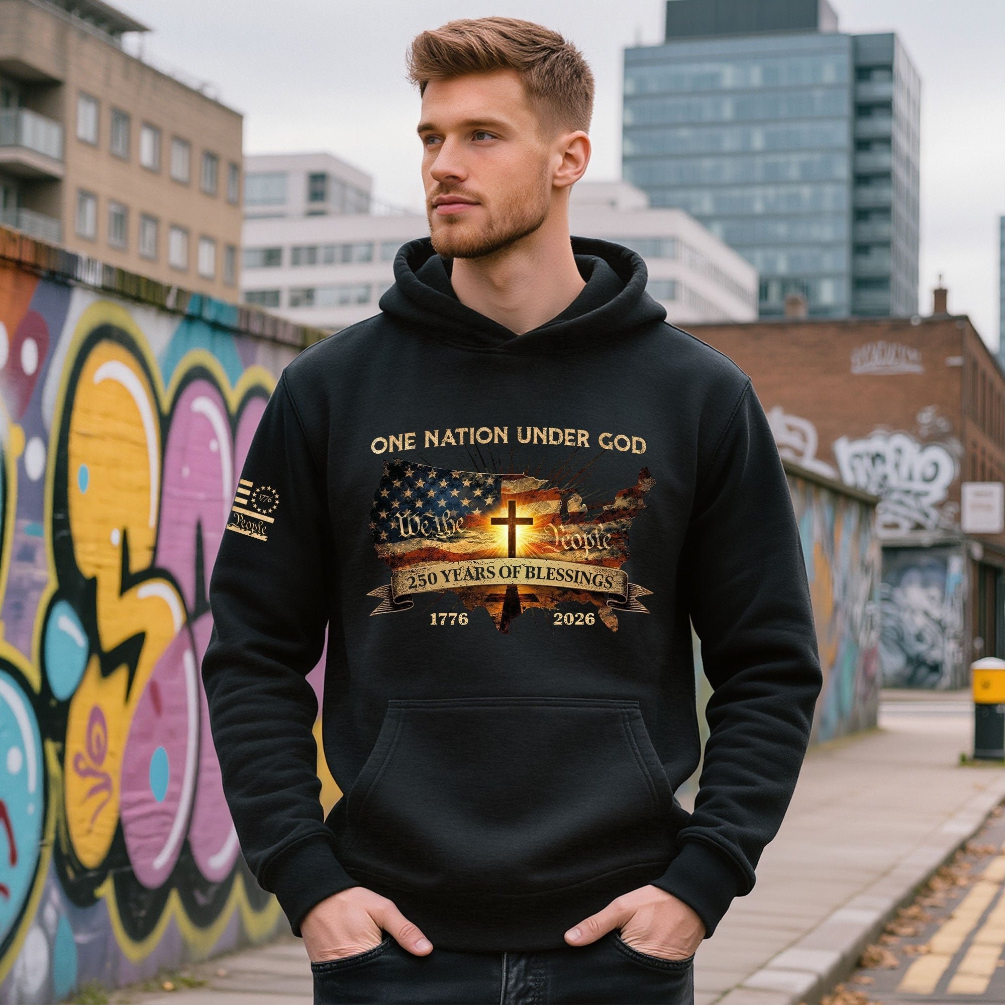 America 250th Anniversary Hoodie 1776-2026 USA Map Christian Cross One Nation Under God